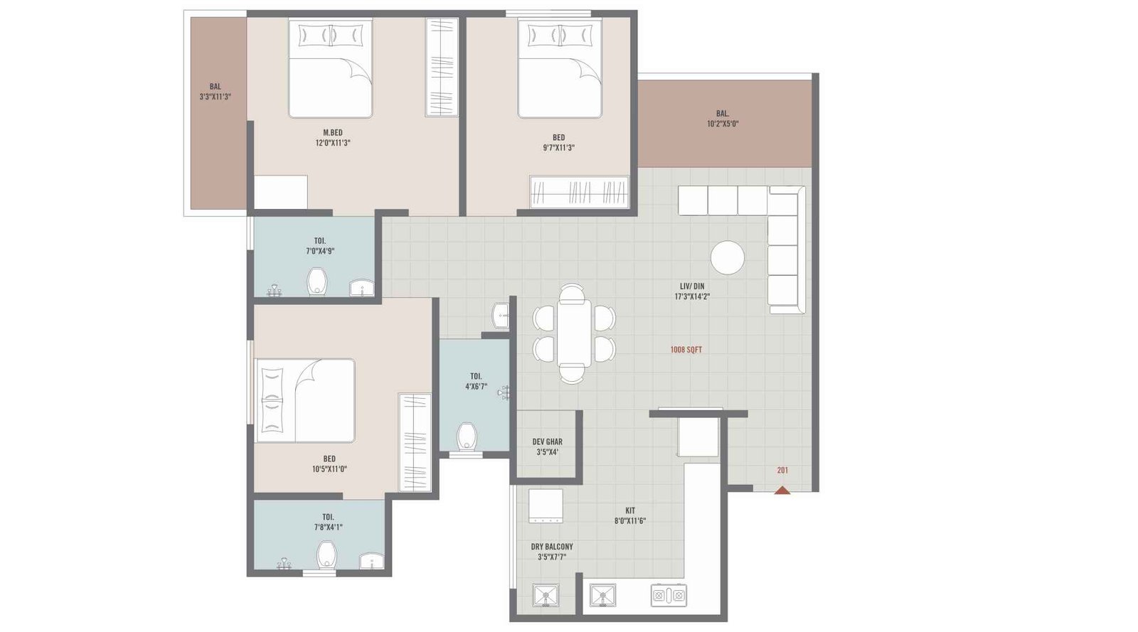 Kesar-High-Street-3BHK-Unit-Plan-1008-sqft